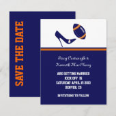 Blauw & Oranje Voetbal Trouw Huwelijk Opslag Datum Save The Date (Voorkant / Achterkant)