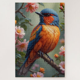 Blauw Oranje Vogel met Roze Bloemen Legpuzzel