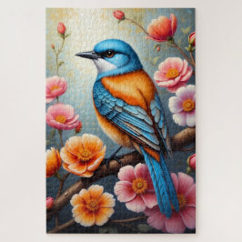 Blauw Oranje Vogel met Tuinbloemen Legpuzzel