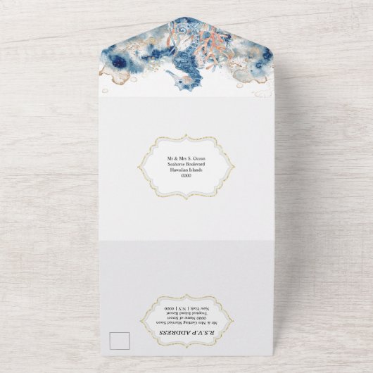 Blauw oranje zeepaardzeepaardje roos all in one uitnodiging (Buitenkant)