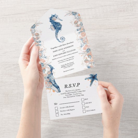 Blauw oranje zeepaardzeepaardje roos all in one uitnodiging (Afscheurbaar)