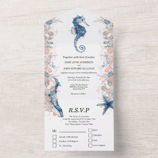 Blauw oranje zeepaardzeepaardje roos all in one uitnodiging (Binnen)