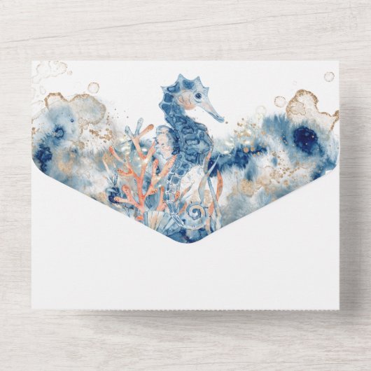 Blauw oranje zeepaardzeepaardje roos all in one uitnodiging (Achterkant)