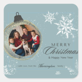 Blauw Ornament Familie Kerstfoto Sneeuwvlok Vierkante Sticker