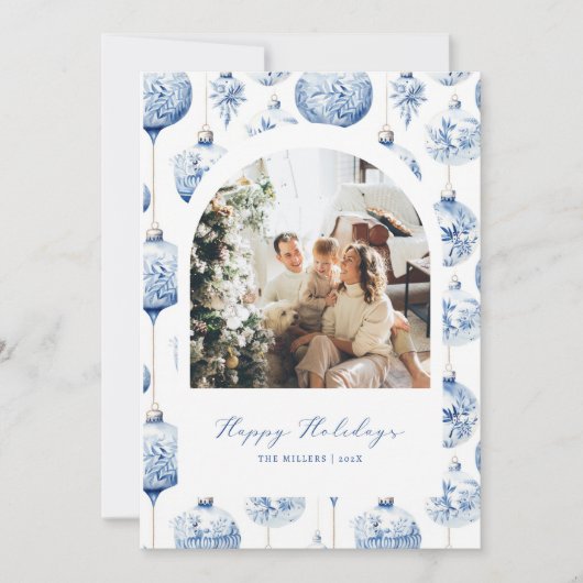 Blauw Ornamenten boog foto vakantie kerst Kaart (Voorkant)