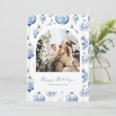 Blauw Ornamenten boog foto vakantie kerst Kaart (Staand voorkant)