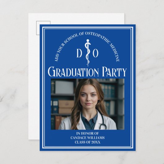 Blauw osteopathisch medisch afstudeerfeest uitnodiging briefkaart (Voorkant / Achterkant)