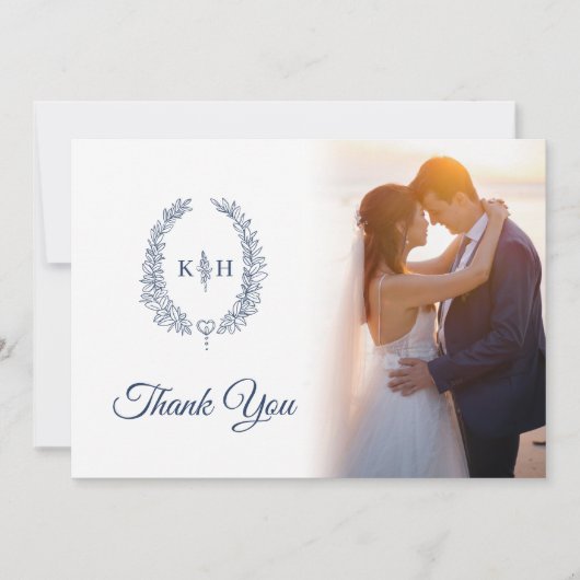 Blauw ovaal blad monogram bruiloft Foto's QR Code Bedankkaart (Voorkant)