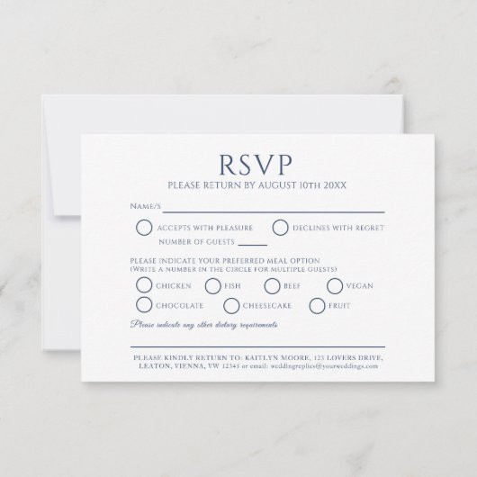 Blauw ovaal blad monogram maaltijd optie bruiloft  RSVP kaartje (Achterkant)