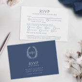 Blauw ovaal blad monogram maaltijd optie bruiloft  RSVP kaartje