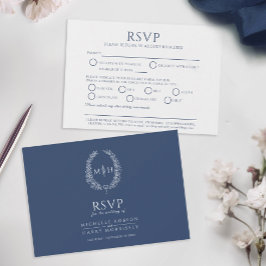 Blauw ovaal blad monogram maaltijd optie bruiloft  RSVP kaartje