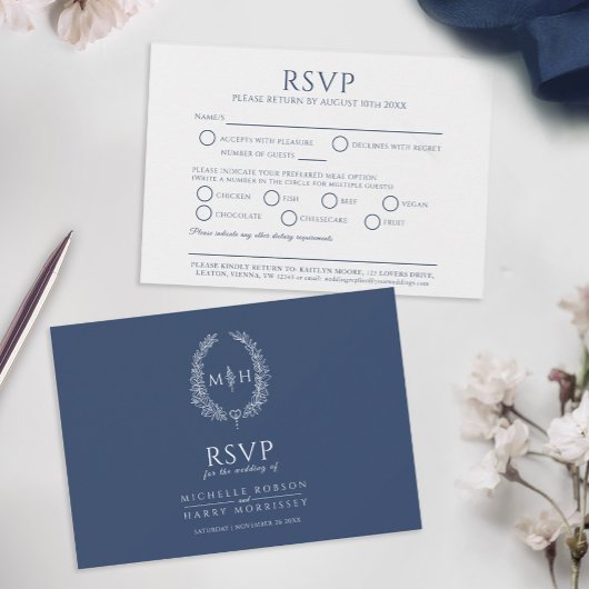 Blauw ovaal blad monogram maaltijd optie bruiloft  RSVP kaartje