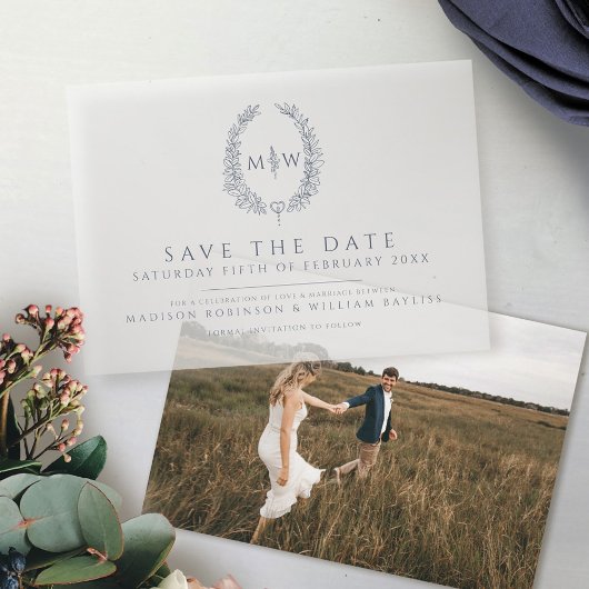 Blauw ovaal monogram save the date bruiloft vellum uitnodigingen