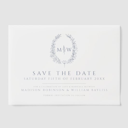 Blauw ovaal monogram save the date bruiloft vellum uitnodigingen (Voorkant)