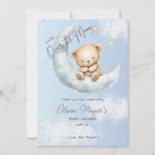 Blauw Over de Maan Beer Baby shower Dank u Kaart (Voorkant)