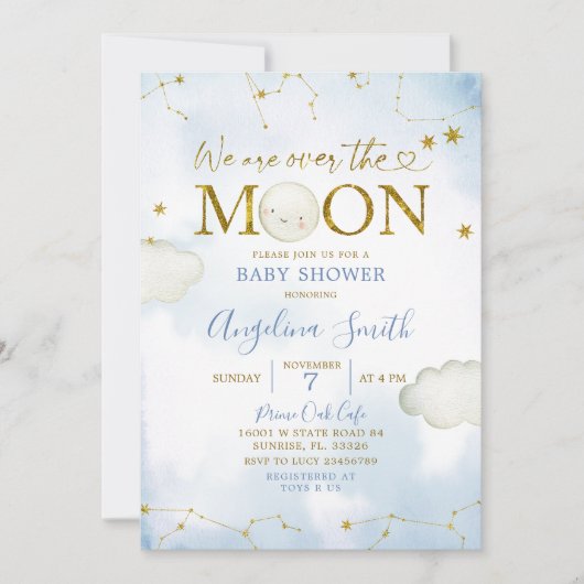 Blauw over het Baby shower van de Moon Constellati Kaart (Voorkant)