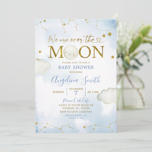 Blauw over het Baby shower van de Moon Constellati Kaart (Staand voorkant)