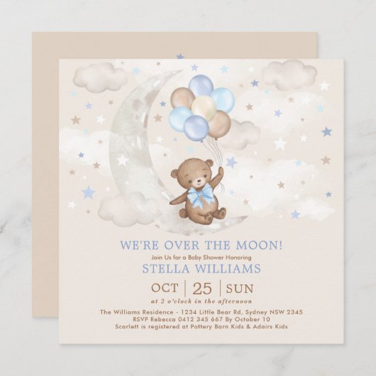 Blauw over het Moon Teddy Bear-Baby shower Kaart (Voorkant / Achterkant)