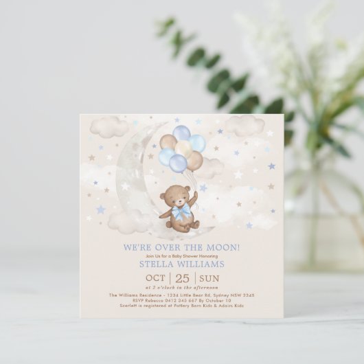 Blauw over het Moon Teddy Bear-Baby shower Kaart (Staand voorkant)