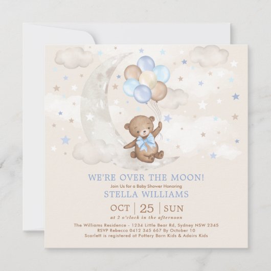 Blauw over het Moon Teddy Bear-Baby shower Kaart (Voorkant)