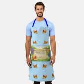 Blauw overall schort met kippen en Bijbeltekst (Gedragen)