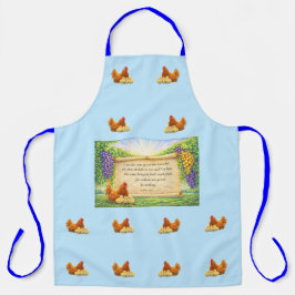 Blauw overall schort met kippen en Bijbeltekst