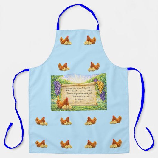 Blauw overall schort met kippen en Bijbeltekst (Voorkant)