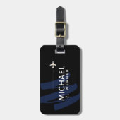 Blauw Oversized Initiaal Monogram Koel Zwart Bagagelabel (Voorkant verticaal)