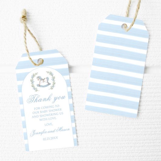 Blauw paard boho boog baby jongen douche dank u cadeaulabel