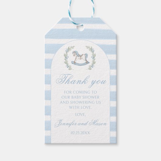 Blauw paard boho boog baby jongen douche dank u cadeaulabel (Voorkant)