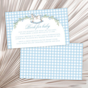 Blauw paard gingham boek voor baby boy douche informatiekaartje