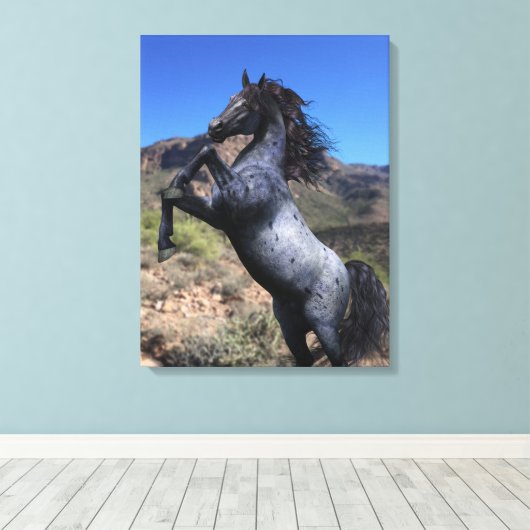 Blauw paard in de woestijn canvas afdruk (Insitu (Houten vloer))