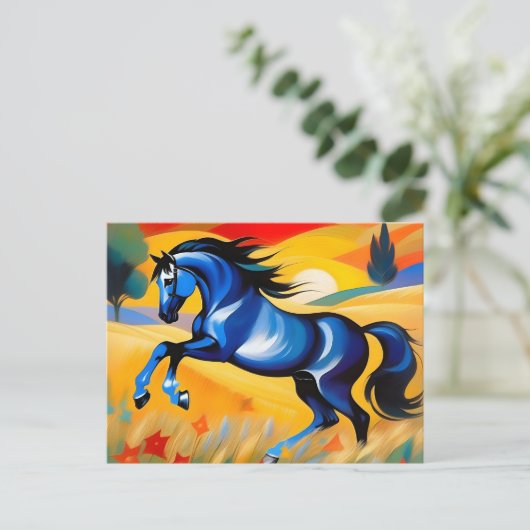 Blauw paard in het veld briefkaart (Staand voorkant)