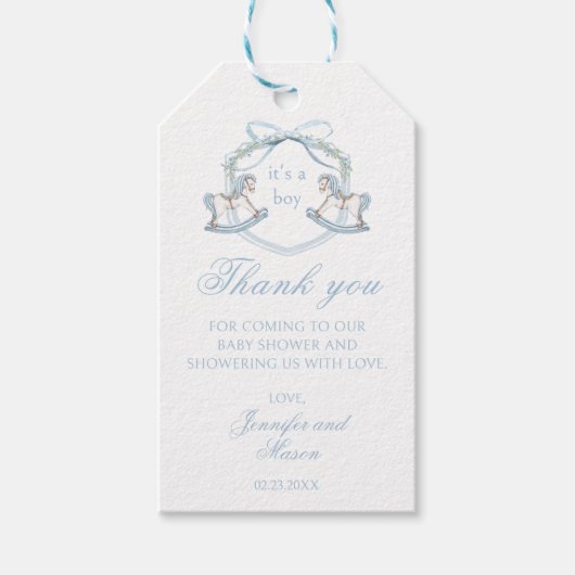 Blauw paard kuif Frans baby jongen douche dank u Cadeaulabel (Voorkant)