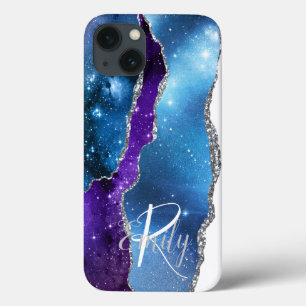 Blauw Paars Agate Marble Abstracte Name Monogram Case-Mate iPhone Case