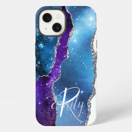 Blauw Paars Agate Marble Abstracte Name Monogram iPhone Hoesje (Achterkant)