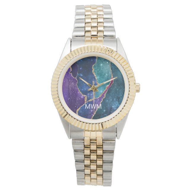 Blauw Paars Aqua Goud Ader Agat Monogram Horloge (Voorkant)