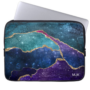Blauw Paars Aqua Goud Aderen Agaat Monogram Laptop Sleeve