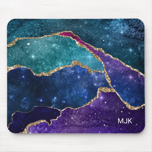 Blauw Paars Aqua Goud Aderen Agaat Monogram Muismat (Voorkant)