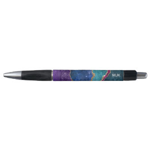 Blauw Paars Aqua Goud Aderen Agaat Monogram Pen