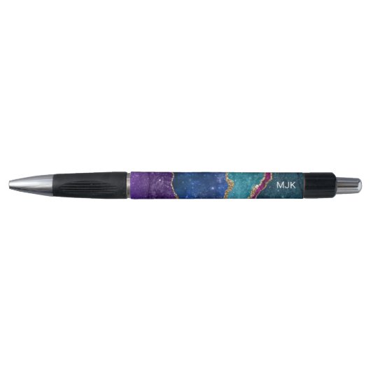 Blauw Paars Aqua Goud Aderen Agaat Monogram Pen (Voorkant)
