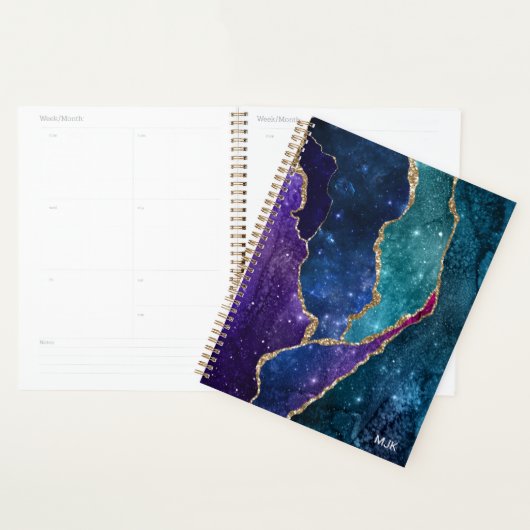 Blauw Paars Aqua Goud Aderen Agaat Monogram Planner (Display)