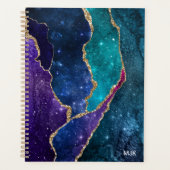 Blauw Paars Aqua Goud Aderen Agaat Monogram Planner (Voorkant)