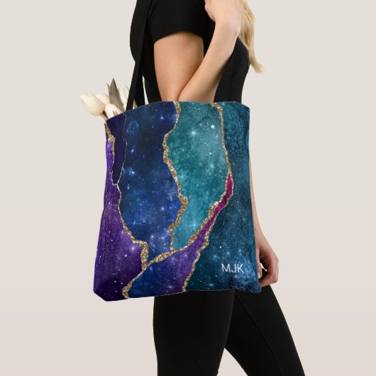 Blauw Paars Aqua Goud Aderen Agaat Monogram Tote Bag (Dichtbij)