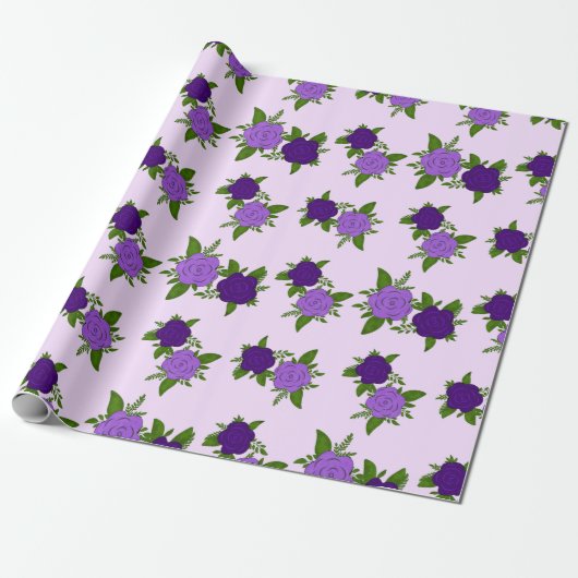 Blauw & Paars Bloemen met violet patroon Cadeaupapier (Uitgerold)
