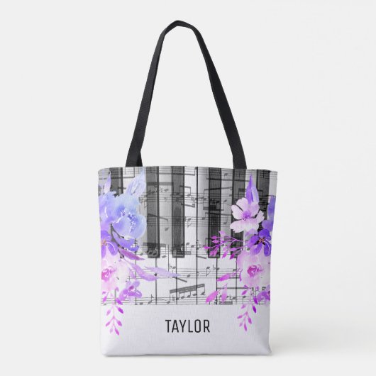 Blauw Paars Bloemen muzieknoten Piano Tote Bag (Achterkant)