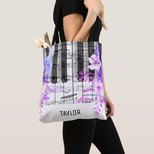 Blauw Paars Bloemen muzieknoten Piano Tote Bag (Dichtbij)