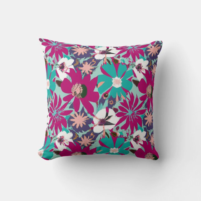 Blauw & Paars Bloemmotief Kussen (Voorkant)