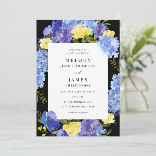 Blauw Paars en geel Floral Weddenschap - zwart Kaart (Staand voorkant)