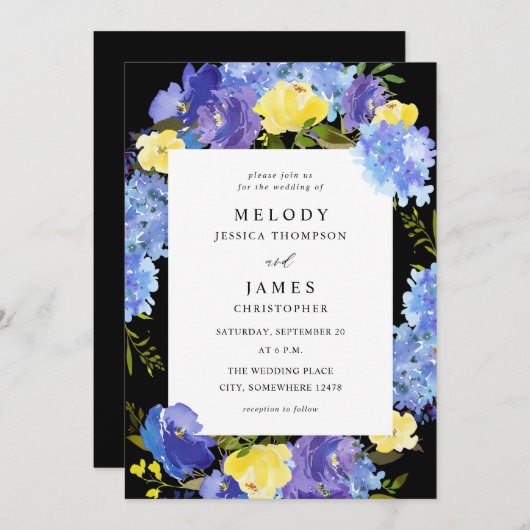 Blauw Paars en geel Floral Weddenschap - zwart Kaart (Voorkant / Achterkant)